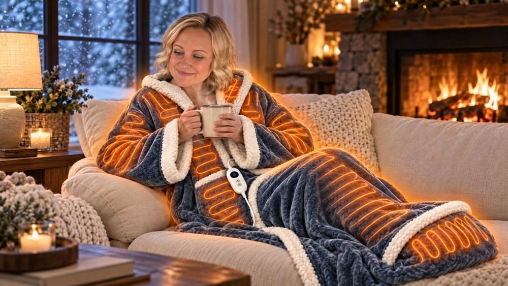 Woman wearing the Toesty Heated Dressing Gown at home